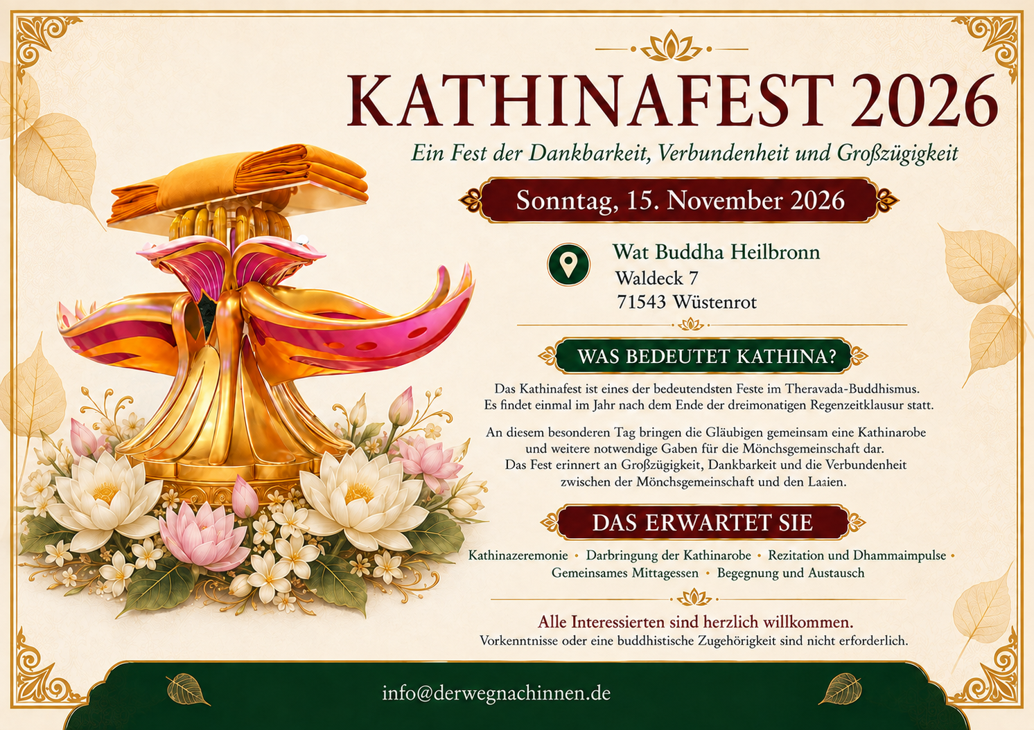 Kathinafest 2026 am Sonntag, 15. November 2026 im Wat Buddha Heilbronn